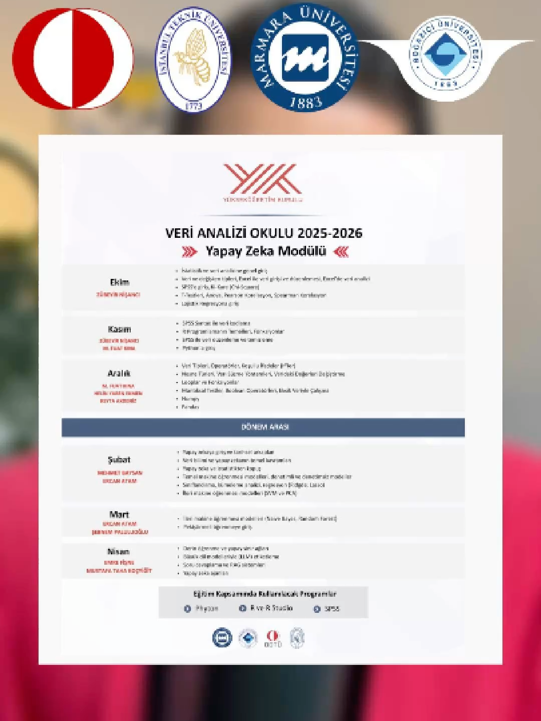 🚀 ÜCRETSİZ YAPAY ZEKA EĞİTİMİ BAŞLADI! Yükseköğretim Kurulu (YÖK), ODTÜ, İTÜ, Marmara Üniversitesi ve Boğaziçi Üniversitesi iş birliğiyle 6 ay sürecek Veri Analizi Okulu – Yapay Zeka Modülü eğitimini duyurdu. Marka ismi geçtiği için reklam olduğunu belirtmek durumundayım.  📅 Son başvuru tarihi: 7 Eylül → Kaçırmamak için hızlı ol! 🔗 Başvuru linki: https://nsa.marmara.edu.tr/notice/veri-analizi-okulu-basvurulari-basladi  💡 Eğitimde öğreneceklerin:  - Python, R Studio, SPSS  - Veri analizi ve istatistikler  - Makine öğrenmesi ve derin öğrenme  - Yapay zeka ajanları ve kendi yapay zekanı geliştirme  🎓 Tüm dersler alanında uzman hocalar tarafından verilecek ve tamamen ücretsiz!  👉 Eğer sen de yapay zekada kendini geliştirmek istiyorsan, hemen açıklamadaki linkten başvur.
