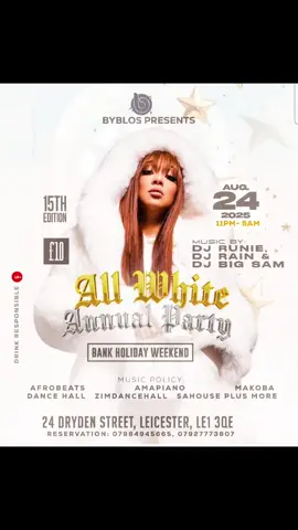 THIS SUNDAY is not just a party, it’s a VIBE! 🎉🔥 🤍 All White Party 📍 [Byblos o2] 📅 Sunday 24th ⏰ [11pm - 05am] 🎶 The hottest Afrobeat | Amapiano | Dancehall & more all night long 🍾 VIP Tables | Bottle Service | 💃🏾 Dress Code:  ALL WHITE 🎟️ Tickets: [£10.0 at door] 📞 Info/Reservations: [Contact details on flyer] #leicester #leicestercity #leicesterevents  #allwhiteparty #afrobeats 