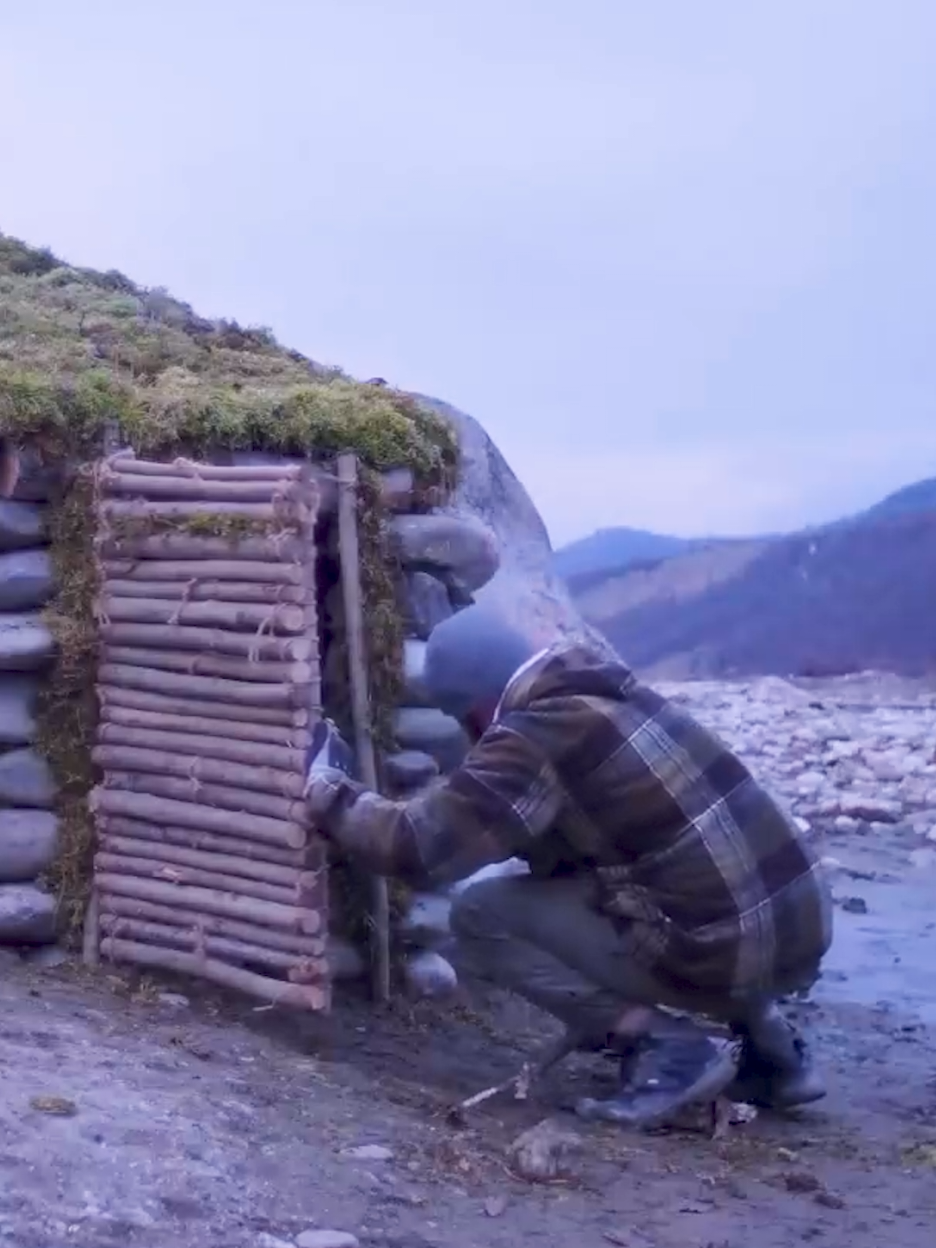 I Built a COZY Stone River Shelter with a Fireplace and Moss Roof! #camping #survival #Outdoors #adventure #bushcraft 