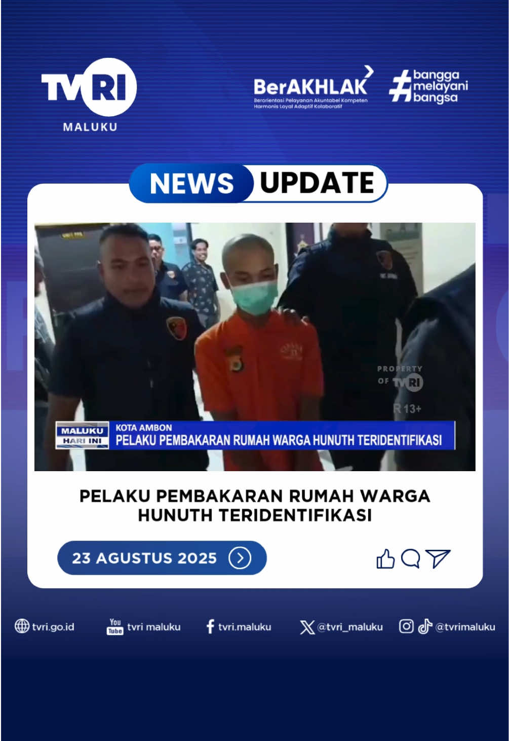 Setelah menangkap pelaku penganiayaan yang menewaskan seorang siswa SMK Negeri 3 Ambon, polisi kini memburu para pelaku pembakaran dan perusakan rumah warga serta tempat usaha di Desa Hunuth. Wakapolda Maluku Brigjen Pol. Iman Thobroni menegaskan, pihaknya akan menindak tegas siapapun yang terlibat sesuai hukum yang berlaku. Saat ini sejumlah pelaku telah teridentifikasi dan masih dalam pengejaran.  #TVRIMaluku #NewsUpdate #Ambon #Maluku #TVRINews  