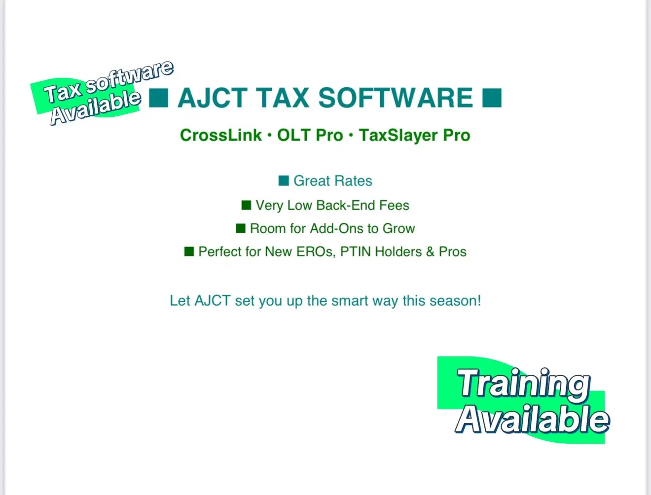 🚨 Attention Tax Pros 🚨 We’re offering all three major tax softwares — CrossLink, OLT Pro, and TaxSlayer Pro — at a great rate ✅ 💻 Very low back-end fees 📈 Plenty of room for add-ons to grow your office 🔑 Perfect for new EROs, PTIN holders, and seasoned preparers Don’t overpay for your software this season — let AJCT get you set up the smart way!