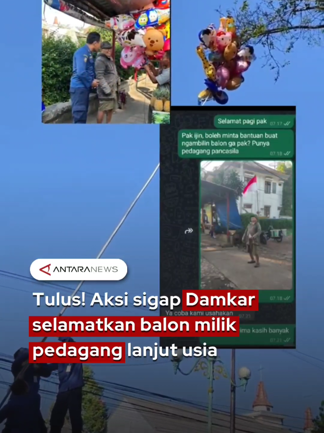 Replying to @mhmdhafis_25 Petugas Pemadam Kebakaran (Damkar) Salatiga, Jawa Tengah, menjadi sorotan usai aksi sigap mereka membantu mengambil balon milik seorang pedagang lanjut usia. Dalam video tersebut, seorang warga meminta bantuan Damkar untuk mengambil balon dagangan yang tersangkut di pohon. Tak butuh waktu lama, hanya dalam tiga menit, petugas langsung merespons dan tiba di lokasi. Aksi cepat tanggap ini sukses menyelamatkan balon dagangan milik seorang pedagang paruh baya, yang tersenyum haru saat balonnya berhasil diturunkan. Wah salut yaa, sehat-sehat selalu pak Damkar🙆🏻‍♀️🥹 #DamkarSalatiga #damkar #fyp #humanis #balonmainan 