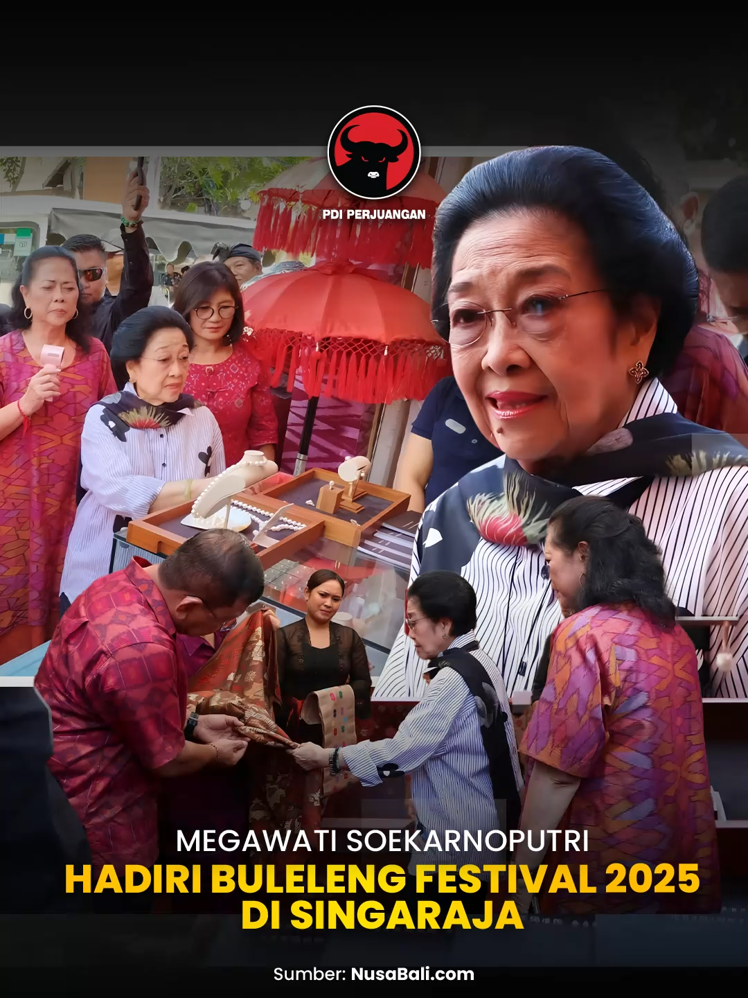 Megawati Soekarnoputri menghadiri Buleleng Festival 2025 di Singaraja, Bali, Sabtu (23/8/2025) Presiden ke-5 Republik Indonesia sekaligus Ketua Umum PDI Perjuangan tersebut meminta Pemerintah Daerah agar produk lokal Buleleng segera didaftarkan ke Hak Kekayaan Intelektual (HAKI), untuk mendapatkan perlindungan hukum atas produk daerah. Hal tersebut disampaikan oleh Wakil Bupati Buleleng, Gede Supriatna usai mendampingi Megawati Soekarnoputri. 