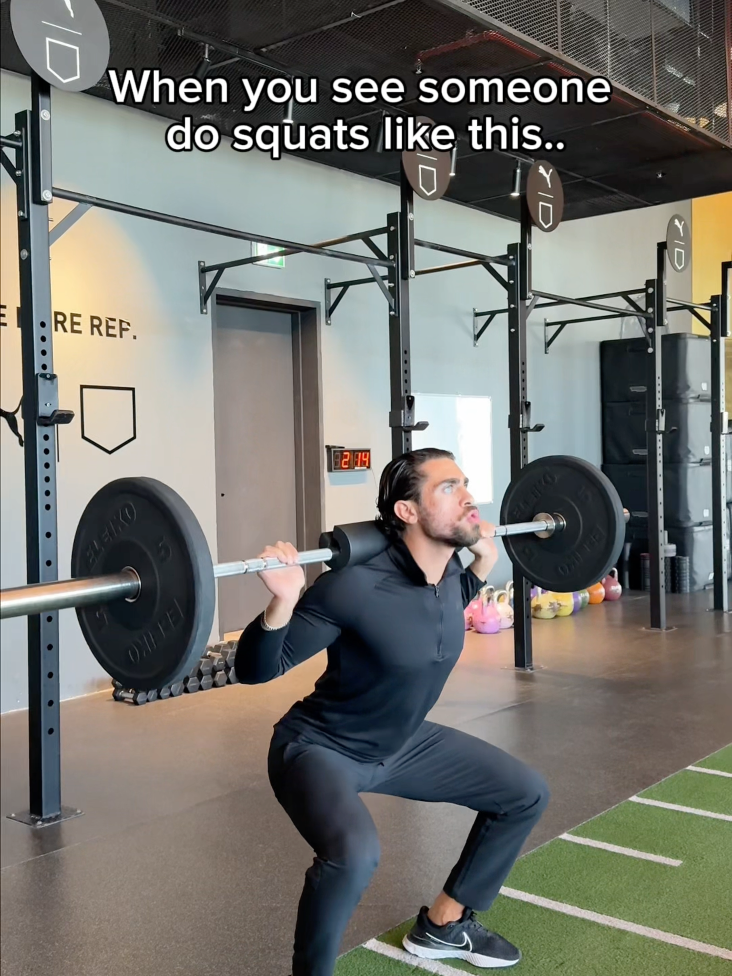 When you see someone doing squats for glutes 🍑 like this…    Throw the neck pad in the bin 👀 It only makes the exercise harder due to leverage, since the barbell sits farther away from your body. Yes, it might hurt at first without the pad, but training isn’t supposed to be relaxing 👀    Standing in a wide stance ❌ targets more adductors. Stand in a hip-width stance to better target your glutes ✅ And yes, if you have long legs, standing wider might feel easier, but that also shifts the focus to the adductors. So if you’re tall, elevate your heels 👠 using plates, it’ll help you get into a better position too!    Brace your core, push your hips back as far as possible while leaning forward, and lower yourself down. Stop at a 90-degree knee angle ✅    Now your glutes will be trained more effectively👌🏽 For quads, you’ll want to go lower, and that’s a different technique ☝🏽    Did this help?