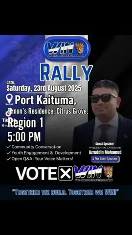 Announcing region 1 rally today, come out in support of WIN party #guyana #fyp #elections #rally #vote @azruddinmohamedofficial @Azruddin Mohamed @꧁༒✧CRIS✧TOCKER✧༒꧂ @WE INVEST IN NATIONHOOD 🇪🇪 