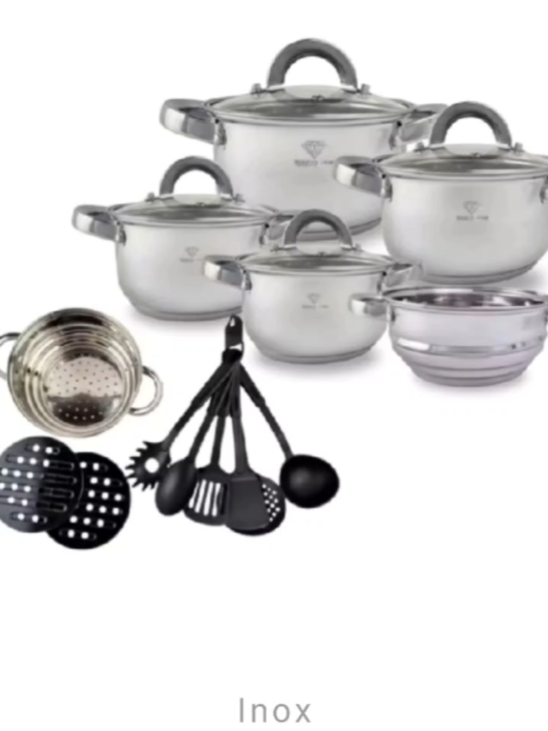 Jogo de Panelas em Aço Inox Original com Fundo 9 Camadas Indução e Gás mais acessórios. LINK NOS COMENTÁRIOS  . . . . . #panela #acoinox #cozinha #shopee #shopping 