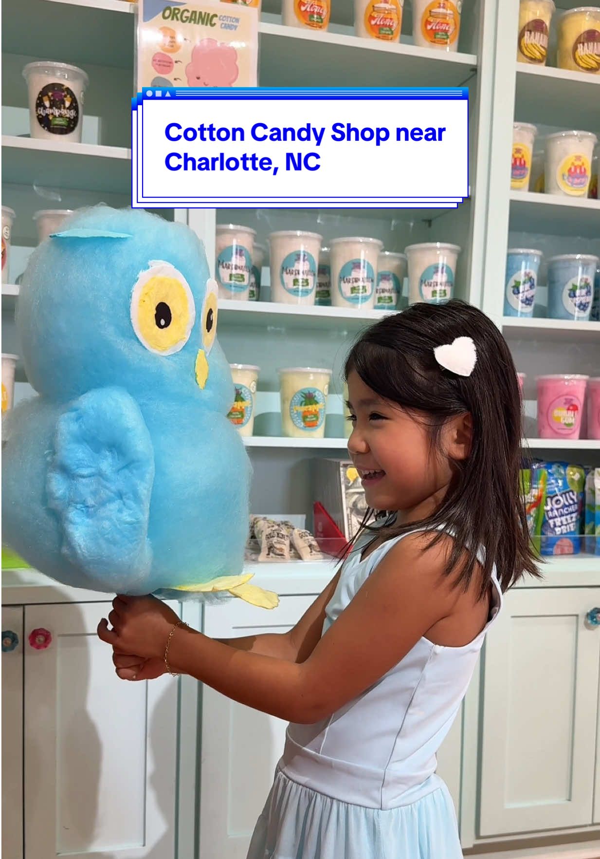 Candy Shops near Charlotte: Cotton Candy Factory  📍 Main Street, Belmont, NC ⏰ Mon–Sat | 10 AM – 3 PM 🍭 50+ cotton candy flavors 🦉 Rotating themed animals ($9.50) — think owls, the Grinch & Easter bunnies 🍬 Nostalgic candy by the pound 💡 A sweet way to support Holy Angels providing jobs for people with special needs. Make it a day trip ➡️ playground, trains & food at Nelly’s Southern Kitchen #cltkids #charlottecandyshop #cltcottoncandy #belmontnc #cltcandystore 