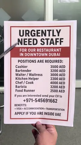 Restuarant Staff Hiring in UAE..  #cashier #bartender #waiter #waitress #kitchenhelper 