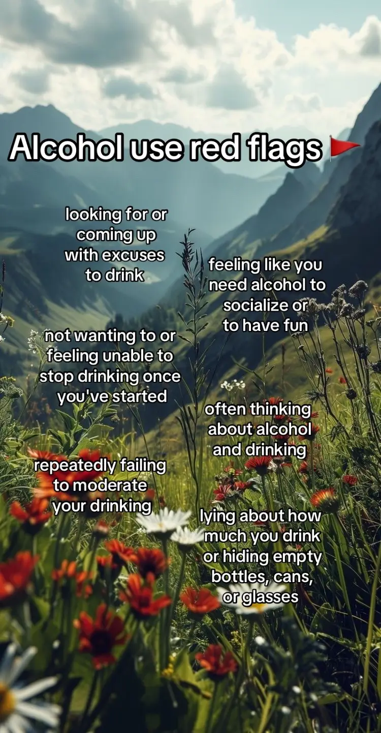 1. constantly looking for or coming up with excuses to drink 2. not wanting to / feeling unable to stop drinking once you've started 3. lying about how much you drink or hiding empty bottles, cans, or glasses 4. repeatedly failing to moderate your drinking 5. often thinking about alcohol and drinking 6. feeling like you need alcohol to socialize or to have fun