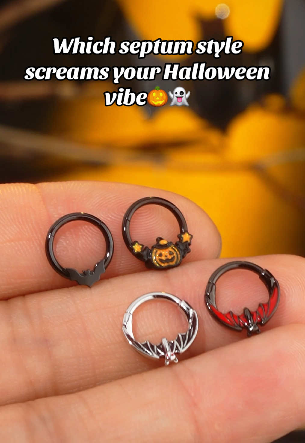 Dare to shine in the dark? Which jewel would you rock the Halloween night?👻🦇🎃#ouferbodyjewelry #piercingideas #halloweenlook #jewelry #septumpiercing #fashionjewelry #nosering #nosepiercing #halloweenmakeup #halloweencostume #tiktokmademebuyit 