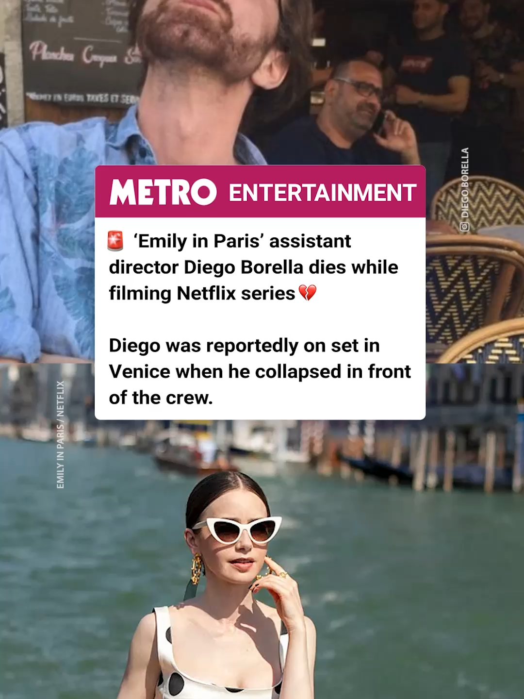 RIP 💔🕊️ 'Emily in Paris' assistant director Diego Borella has reportedly died while filming the @netflix series. Diego was shooting in Venice when he is reported to have collapsed in front of the crew.  Local outlet La Repubblica said that medics were unable to save him after rushing to the Hotel Danieli around 7pm on Thursday the 21st August .It is believed he suffered a heart attack. Production on the final episode of the forthcoming fifth season has allegedly been halted. The shoot was expected to end on Monday, and Borella was reportedly set to shoot the final scene before his collapse. #rip #diegoborella #emilyinparis #lilycollins #restinpeace #celebritynews