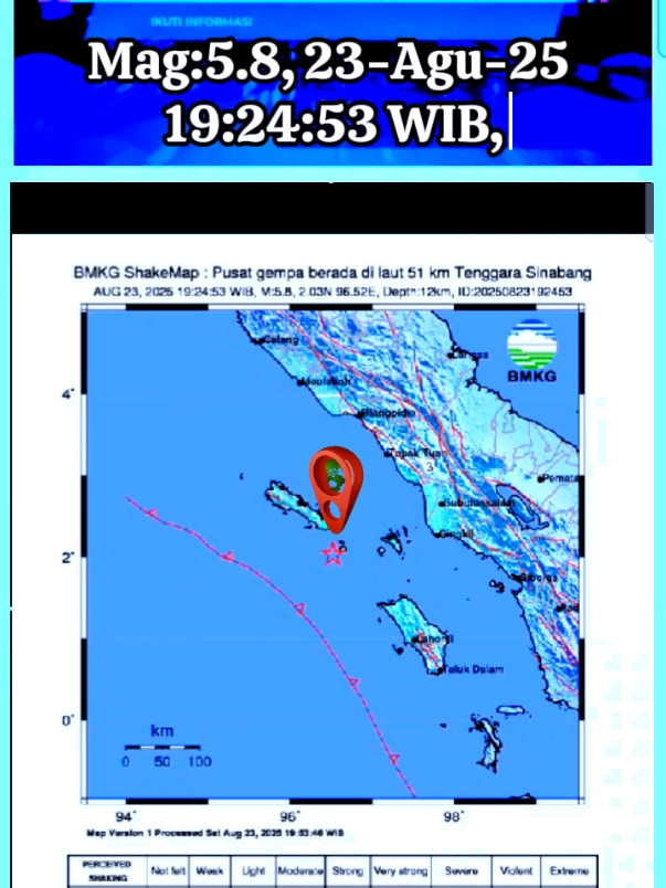 Membalas @agus.kalim8  #Gempa (UPDATE) Mag:5.8, 23-Agu-25 19:24:53 WIB, Lok:2.03 LU, 96.52 BT (Pusat gempa berada di laut 51 km Tenggara Sinabang), Kedalaman:12 Km Dirasakan (MMI) IV Simeulue, III Gunung Sitoli, III Aceh Selatan, III Nias Utara, III Subulussalam #bmkg  KeyPoints  Berdasarkan update dari BMKG, memiliki magnitudo 5,8 dan terjadi pada tanggal 23 Agustus 2025 pukul 19.24.53 WIB. Episentrumnya terletak di 2,03°N, 96,52°E, kurang lebih 51 km sebelah tenggara Sinabang, Aceh, pada kedalaman 12 km.  Guncangan dirasakan di MMI IV di Simeulue, menunjukkan guncangan sedang di mana kebanyakan orang di dalam ruangan akan merasakannya, dan beberapa benda mungkin jatuh. Di Gunung Sitoli, Aceh Selatan, Nias Utara, dan Subulussalam, hal itu dirasakan di MMI III, di mana guncangan terlihat di dalam ruangan, terutama di lantai atas, dan benda-benda ringan dapat bergoyang. Gempa tersebut tidak berpotensi menimbulkan tsunami. KeyPoints  Gempa Bumi  gempa susulan  Gempa Sinabang aceh Gempa Aceh 5,8 M 2025 gempa hari ini bulan agustus  gempa hari ini 23 agustus 2025 gempa barusan 10 menit yg lalu gempa bumi hari ini 23 agustus 2025 Prakiraan Cuaca BMKG 23 Agustus 2025 Gempa Guncang aceh 23 agustus 2025 Berita terkait  Gempa bumi berkekuatan magnitudo 4,9 terjadi di Kabupaten Bekasi, Jawa Barat, pada tanggal 20 Agustus 2025, pukul 19:54 WIB. Menurut Badan Meteorologi, Klimatologi, dan Geofisika (BMKG), pusat gempa berada di 6.48 Lintang Selatan dan 107.24 Bujur Timur, sekitar 14 km tenggara Kabupaten Bekasi, dengan kedalaman 10 km.  Gempa ini dirasakan hingga Bogor, Depok, dan Jakarta dengan intensitas III pada skala Modified Mercalli Intensity (MMI), yang tergolong ringan dan tidak menyebabkan kerusakan signifikan. Tidak ada laporan korban jiwa atau kerusakan berat, meskipun beberapa warga melaporkan getaran seperti 