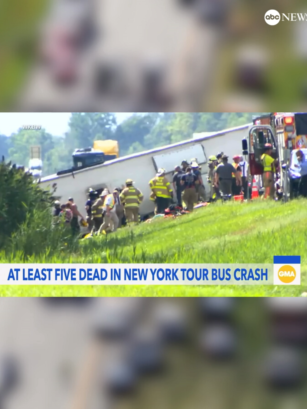 A tour bus returning from a trip to Niagara Falls overturned in upstate New York, killing five people and injuring dozens of others, some of whom became trapped or ejected, police said. The cause of the collision is still under investigation, though 