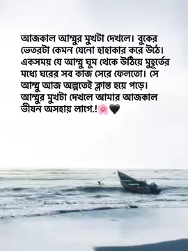 আজকাল আম্মুর মুখটা দেখলে। বুকের ভেতরটা কেমন যেনো হাহাকার করে উঠে। একসময় যে আম্মু ঘুম থেকে উঠিয়ে মুহূর্তের মধ্যে ঘরের সব কাজ সেরে ফেলতো। সে আম্মু আজ অল্পতেই ক্লান্ত হয়ে পড়ে। আম্মুর মুখটা দেখলে আমার আজকাল ভীষন অসহায় লাগে.!🌸🖤 #viralvideo #foryou #100k @TikTok Bangladesh 