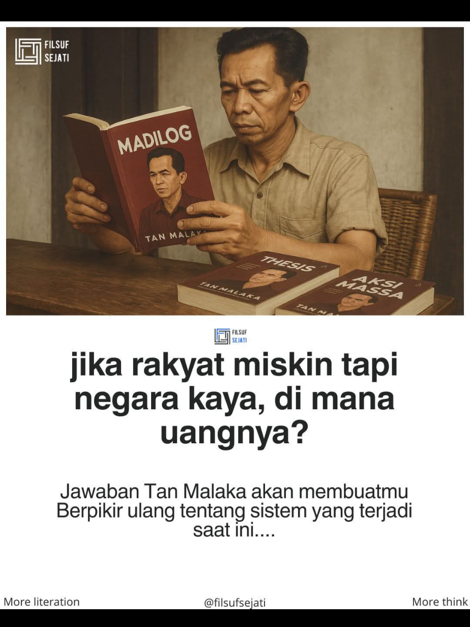di kampung ini, pak mail punya sawah seluas lapangan bola. tapi anaknya tetap makan nasi aking. di kota, mbak rini kerja 3 shift tapi tetap ngekos di gudang. ngomong-ngomong, kamu pernah nggak mikir: kalau negara kaya raya tapi rakyatnya miskin, uangnya lari ke mana? . ini bukan thread tentang politik. ini tentang kenapa kamu masih susah padahal negara ini kaya banget. 1943, di tengah penjajahan jepang, seorang pria bernama tan malaka nulis buku di gudang tua batavia. judulnya: madilog. . dia nulis sambil bersembunyi sebagai tukang jahit. 720 jam. 8 bulan. 568 halaman. tujuannya satu: jelasin kenapa rakyat tetap miskin padahal tanahnya subur melimpah. tan malaka bilang: rakyat miskin bukan karena males. tapi karena sistem yang bikin mereka terus miskin. . madilog = materialisme + dialektika + logika materialisme versi tan malaka: semua perubahan sosial dimulai dari barang nyata, bukan doa atau motivasi. petani punya tanah tapi nggak punya alat → tetap miskin buruh bikin kaya orang lain tapi gaji pas-pasan kenapa? karena yang megang alat produksi bukan mereka. . dialektika = konflik diam-diam yang terjadi setiap hari tesis: rakyat butuh makan antitesis: harga naik terus sintesis: protes? diamkan. kalau terlalu keras? tangkap. tan malaka bilang: ini konflik kelas yang disembunyikan. . logika yang diajarin sekolah: kerja keras = kaya logika versi madilog: kalau sistemnya bikin kerja kerasmu dinikmatin orang lain, kerja keras cuma bikin kamu capek. . tan malaka kasih 3 senj4ta:   1. melihat realitas (bukan mimpi)   2. menganalisis konflik (bukan diam)   3. berpikir logis (bukan ikut-ikutan) rakyat harus sadar: mereka miskin bukan nasib, tarena posisi mereka dalam sistem.