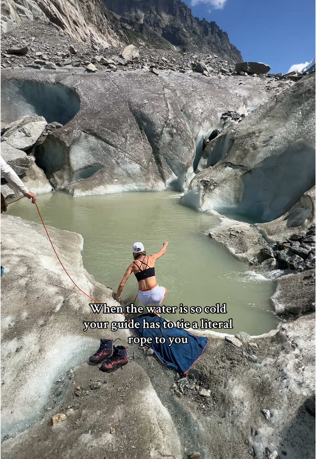 Crawling out on jagged ice at the end was not for the weak 🥲 #coldplunge #glacier #icebath #travel #bucketlist 