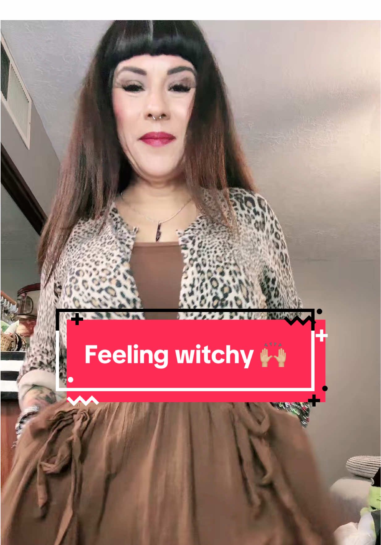 Brown dress, cheetah cardigan, and a little hocus focus on style. #OOTDTok #WitchyFashion #FallStyleInspo #AltLook #WitchTokFashion