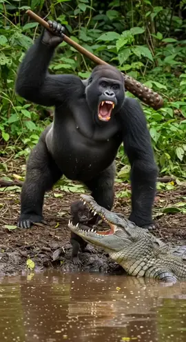 Savage Showdown: Gorilla Defends Baby from Croc Attack -- -- -- #gorillavscrocodile #babygorillarescue #animalrescue #epicbattle #viralnature