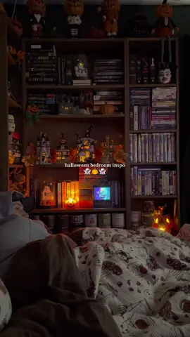 Loving how my bedroom is decorated for Halloween this year 🎃 last year it was definitely more of a cozy fall vibe but this year it’s in your face cozy spooky halloween nostalgia and i love every bit of my bedroom 😍🎃👻  #halloweendecor #cozybedroom #halloweenvibes #vintagehalloween #spookyseason 