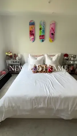 finally got my new bed frame after a little mix up and i think it’s so cute 🛏️💕 bed frame is from @SoftFrame sheets are from @Dairy Boy and then my little bartholomew collection from @Jellycat #roommakeover #newbed #roomdecor #softframebed #bedding 