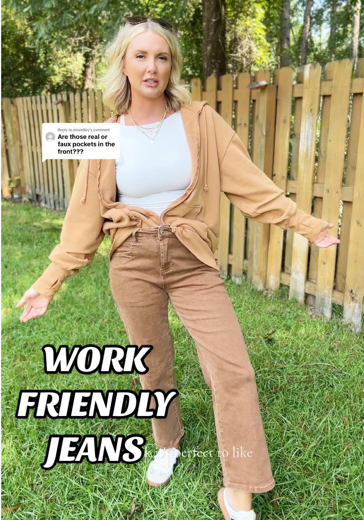 Replying to @mssmiley these brown jeans are so extremely stretchy! Perfect for office girlies having to sit at a desk or are super bloated around that time of month! I’m wearing size 8! I could have sized down but I like the extra room for chunky sweaters. #BrownJeans #FallDenimStyle #NeutralWardrobe #EverydayOutfitInspo #TrendyMamaStyle