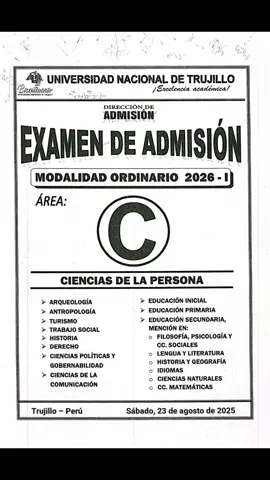 EXAMEN DE ADMISIÓN MODALIDAD ORDINARIO 2026-I UNIVERSIDAD NACIONAL DE TRUJILLO  ÁREA C TOMADO 23/08/2025 #trujilloperu  #examenordinariount  #unt  #examenesdeadmisión 