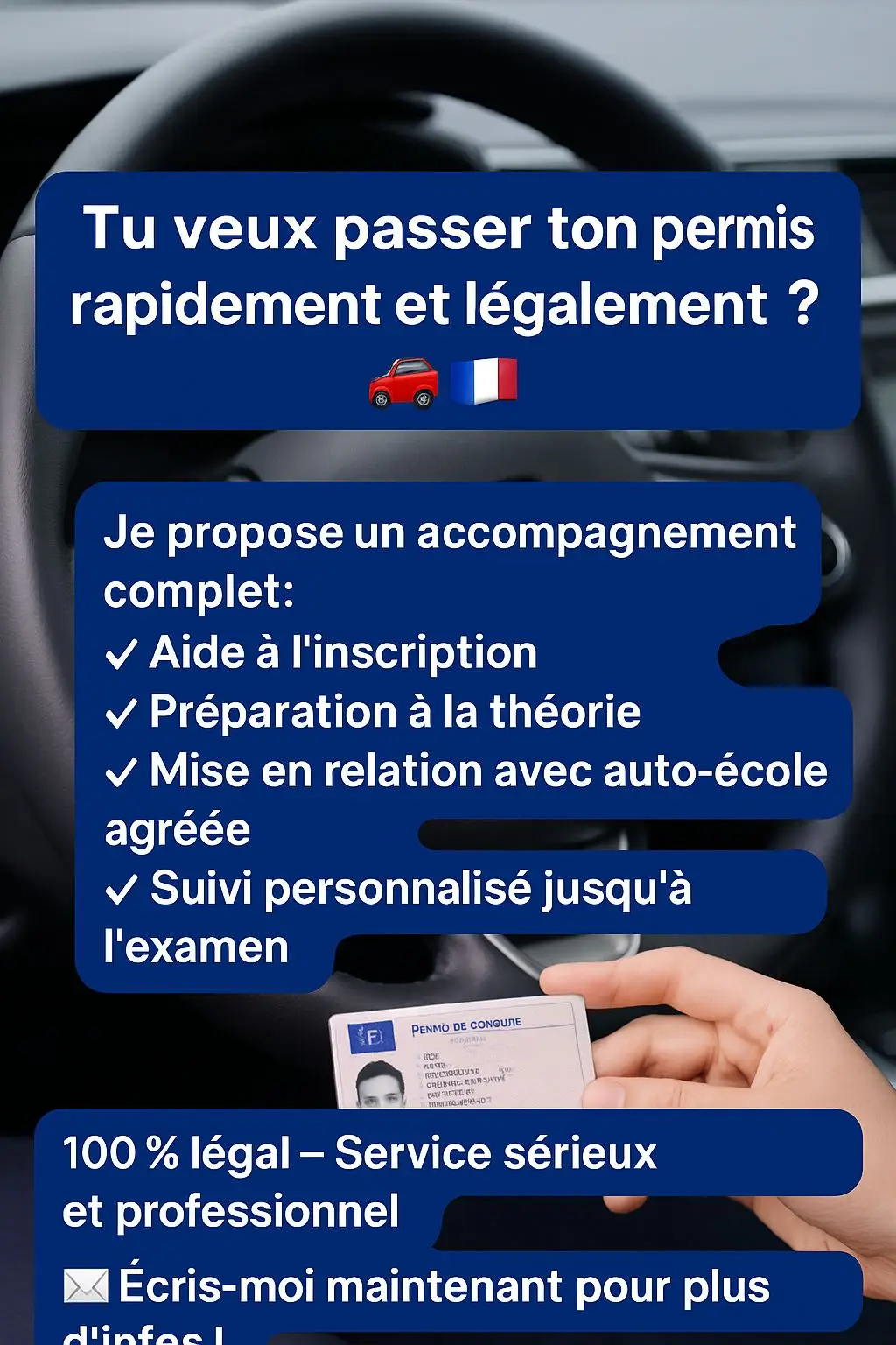 *Tu veux passer ton permis rapidement et légalement ? 🚗🇫🇷* Je propose un *accompagnement complet* : ✔ Aide à l’inscription   ✔ Préparation à la théorie   ✔ Mise en relation avec auto-école agréée   ✔ Suivi personnalisé jusqu’à l’examen *100 % légal – Service sérieux et professionnel*   📩 Écris-moi maintenant pour plus d’infos !    `#permisfrance #permisdeconduire #aidepermis #formationpermis #codepermis`