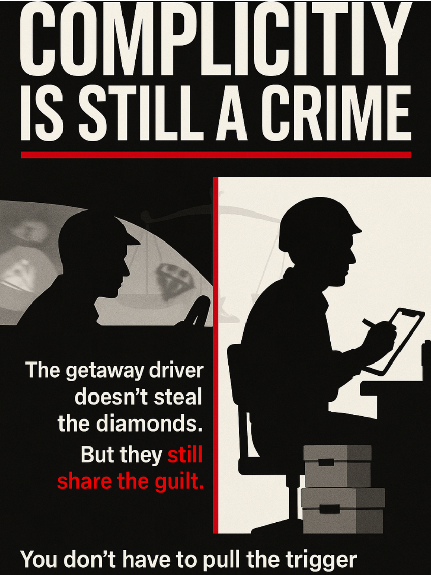 You don’t have to pull the trigger to be complicit. The getaway driver in a diamond heist still goes down for the crime. Why should serving in logistics or admin for an army accused of war crimes be treated any differently? #NardoPoloX #Complicity #RuleOfLaw #Accountability #EqualStandards
