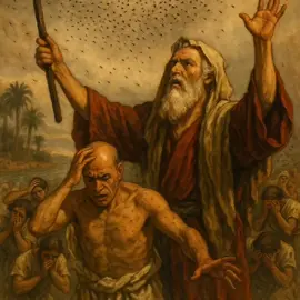 Title: The Third Plague – Lice from the Dust Description: Moses raises his staff as the dust of Egypt turns into lice, covering people and animals. Egyptians scratch in misery, while God’s power is revealed before Pharaoh.