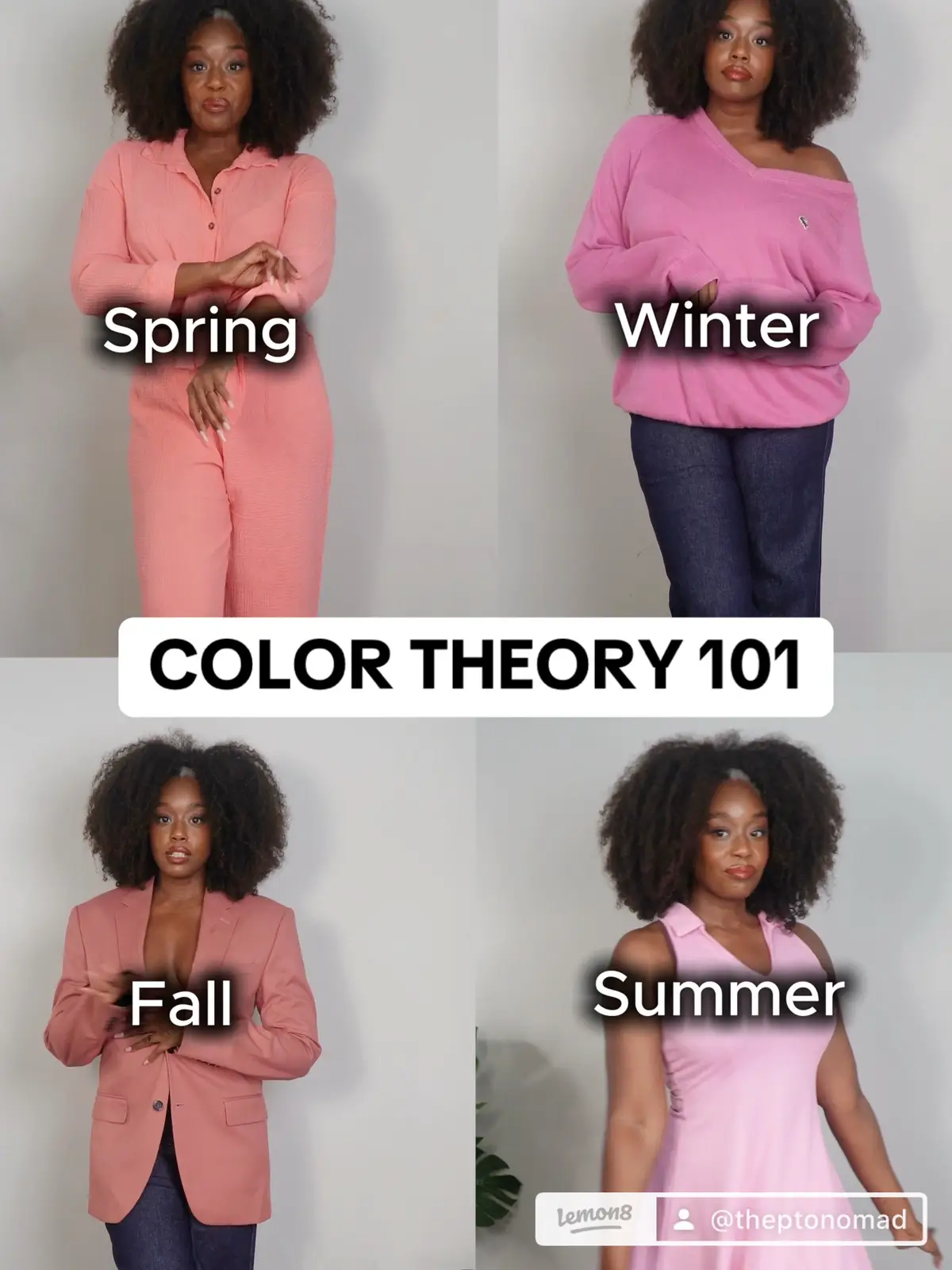 I love the color pink, so I will just buy it without intention or thought! Not realizing that some look better on me than others! Before your buy anything else let’s find your season. Fall- Brown toned colors, you look good in gold jewelry and sometimes rose gold. Bright white makes you look less radiant but creams are buttery on you. Your skin has gold, yellow, or light orange highlights. Winter- Blue and cool based colors that are very saturated or intense look good on you. White and Silver really brings out your glow. Your undertones are pink, white and cool. Spring-Yellow toned colors, you look good in gold jewelry. Creams look better on you that a pure bright white and vivid warm pastels brighten your face. Your skin has light gold and yellow tones. Summer- Blue toned light and bright colors pop on you. You look best in bright silver and white pops on your skin. Your skin highlights look  pink, white, blue or cool. (For reference I am a Fall and Spring, and can wear some Winter colors if they are intense. Sz 8 150lbs 5’3) Fall-@ZARA blazer @SPANX jeans in dark indigo Spring- @Fashion Nova set Winter- @vintage @Lacoste and fashionnova jeans Summer- fashion nova dress #colortheory #coloranalysis #fashiontips 