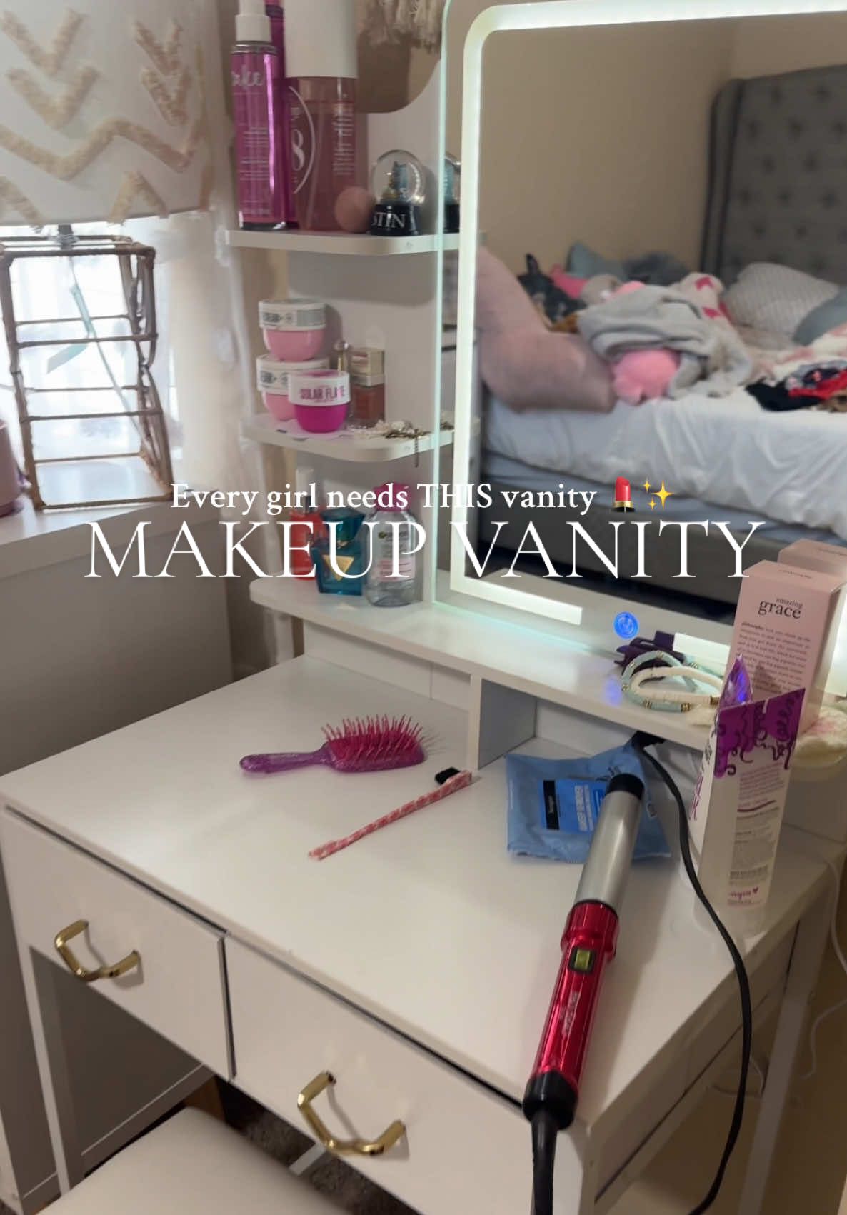 This light-up vanity makes getting ready so much easier—storage drawers, a mirror with lights, and it’s 55% off right now! 🪞 #vanitygoals #vanitymirror #vanity #makeupvanity #vanitymakeup 