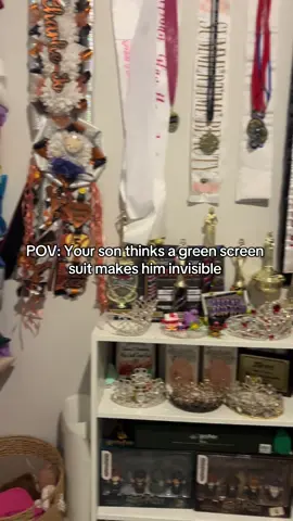 His favorite YouTuber uses a green screen suit with affects so he thinks it makes him invisible and I don’t have the heart to say otherwise lol! 😂😭💚 #sillyboy #humor #greenscreen #greenscreensuit #fypシ 