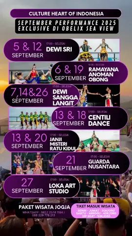 🎭✨ Jadwal Pertunjukan Seni – Obelix Sea View September 2025 ✨🎭 Nikmati sunset romantis + pertunjukan seni eksklusif di tepi laut 🌊🌇 📌 Setiap Jumat, Sabtu & Minggu 🕓 17.00 – selesai WIB 📍 Obelix Sea View, Gunungkidul 💺 VIP Seat cuma 50K/orang — posisi paling nyaman buat nikmatin show & sunset 🪑✨ 📲 Booking sekarang sebelum kehabisan! WA: 085225741184 / 088229778213 | @plesirjogja.id #ObelixSeaView #plesirjogjaid #jadwalpertunjukanobelix  #SunsetJogja #paketwisatajogja 