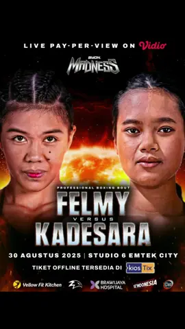 ‼️ 🚨OFFICIAL POSTER FELMY VS KADESARA‼️🚨 Pada Byon Madness 2 kali ini, Felmy “War Queen” Sumaehe akan menghadapi tantangan baru dari negara Thailand, ia adalah Kadesara Jadpakdee petinju muda asal Thailand yang kini berusia 18 tahun, Kadesara memiliki catatan profesional di dunia tinju dengan rekor mendekati seimbang, sekitar 9–9–1, Meskipun usianya masih muda, ia telah menghadapi sejumlah lawan tangguh dan memiliki beberapa kemenangan via T.K.O.  Dan kini, mereka resmi akan bertarung di berat (52,2KG) dalam laga 6 Round X 2 Menit di bawah aturan Pro Boxing. 30 AGUSTUS 2025 | STUDIO 6 EMTEK CITY | LIVE PAY-PER-VIEW di @vidiosports @vidiodotcom  #byoncombat #byonmadness #byonsports 