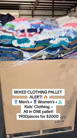 📦 1,900 pieces for just $2,000 💰 Perfect for resellers, boutiques & thrift sellers – HUGE profit potential! 🚀 📩 DM us today before they’re gone! #ClothingPallet #WholesaleClothing #ResellerDeals #PalletBusiness #ThriftFinds #BulkClothing #MensFashion #WomensFashion #kidsclothing 