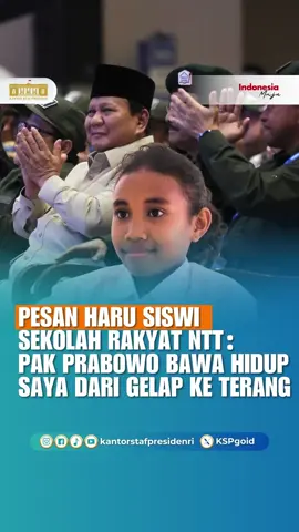 Presiden Republik Indonesia, Prabowo Subianto, terharu saat menonton rekaman pesan dari seorang siswi Sekolah Rakyat Menengah Pertama 19 Efata, Kupang, Nusa Tenggara Timur (NTT). Rekaman tersebut ditayangkan dalam acara Pembekalan Guru dan Kepala Sekolah Rakyat di JIExpo Kemayoran, Jakarta, Jumat (22/8). Mari kita saksikan video selengkapnya! 📹 @Kementerian Sosial RI @DPR RI  #KSP #KantorStafPresiden #IndonesiaMaju #SekolahRakyat #PrabowoSubianto