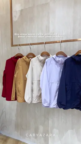 Warna apa yang jadi favourite korang? 😍 Esok kita reveal semua warna Windbreaker CARYAZARA yang confirm buat korang rambang mata!  . ⏰ Set alarm tau → Isnin | 12.00 tengahari | LIVE Launching #SpecialForYou #NewDropAlert #CARYAZARA #CZNewDrop #CaryazaraOOTD #livelaunching #livecaryazara 