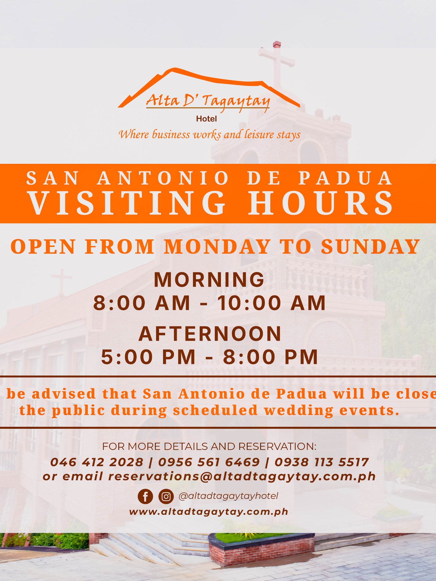 The San Antonio De Padua Chapel is open daily for quiet reflection, prayer, and meditation. All visitors are welcome!✨ To ensure a peaceful environment, we kindly ask guests to observe the designated visiting schedule and maintain a quiet, respectful atmosphere while inside the chapel. 🕗Visiting Schedule: 🔸Monday–Sunday 🔸Morning: 8:00 AM – 10:00 AM 🔸Afternoon: 5:00 PM – 8:00 PM #AltaDTagaytayHotel #SanAntonioDePaduaChapel #Followers For inquiries and reservations: ☎️(046)412.2028 📱0956.561.6469 | 0938.113.5517 | 0985.819.2886 📩reservations@altadtagaytay.com.ph 🌐https://altadtagaytay.com.ph/ 📍Alta D'Tagaytay, Ridge 3 Bldg. Brgy. Iruhin East Ridgeview Subdivision, Tagaytay City, Cavite, Philippines