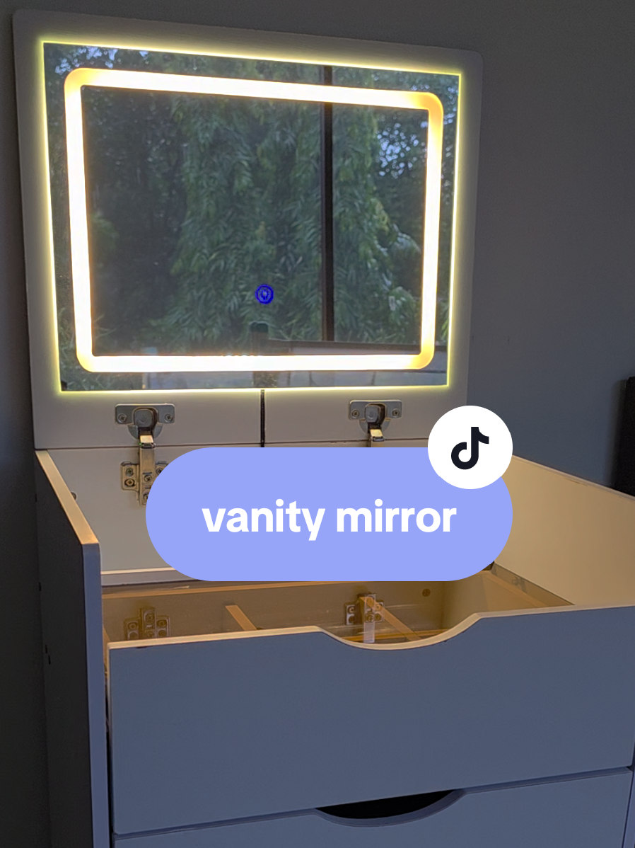 Meet my new fave corner ✨ Built-in seat, 3 drawers + a secret compartment 👀 plus an LED mirror with 3 shades! Super space-saver and sooo clean-looking. Obsessed 💖#SpaceSaver #HomeFinds #VanityMirror #OrganizedLife #HomeInspo 
