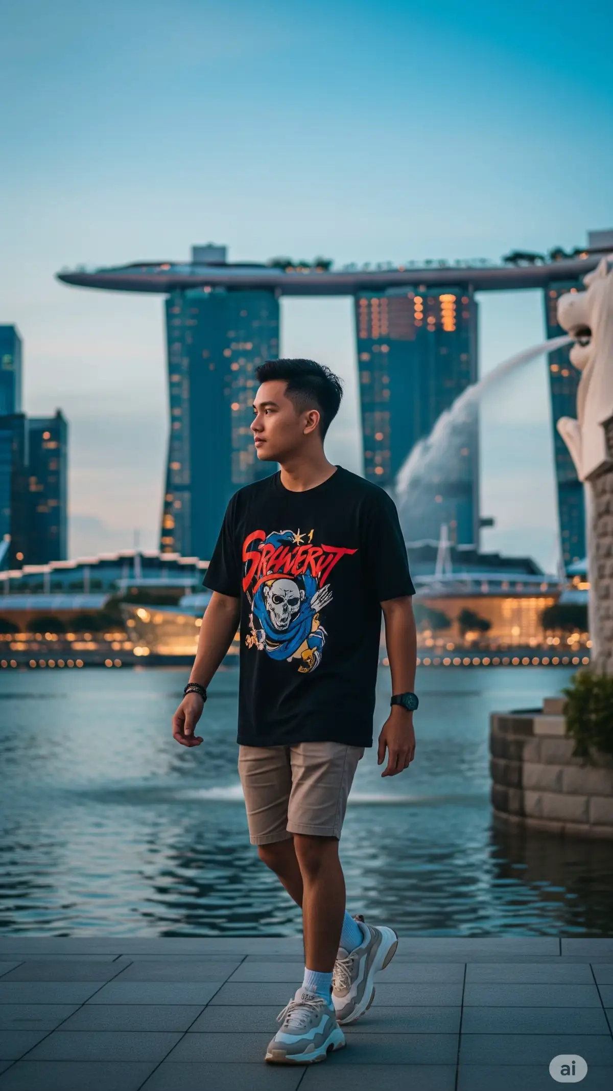 Kaos santai + celana pendek + sneakers branded = kombinasi gokil buat liburan ✨ Cuma berdiri depan Merlion aja udah kayak photoshoot majalah. Buktinya? Liat nih hasilnya 😎 #OOTDStreetwear #SingaporeTrip #Merlion #LuxurySneakers #asianstyle 