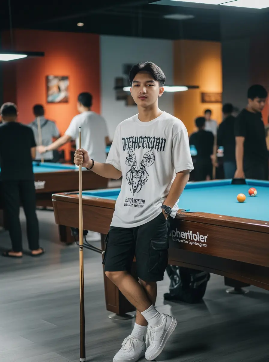 prompt : Sebuah foto yang sangat mirip dengan aslinya diambil dari depan, menampilkan seorang pria muda berdiri di sebuah ruang biliar, memegang tongkat biliar, mengenakan kaus putih dengan desain grafis dan celana pendek hitam. Gambar juga menampilkan meja biliar di latar belakang dengan beberapa pemain biliar di kejauhan. Di tengah gambar, seorang pria Asia muda, yang tampaknya berusia awal dua puluhan, dengan rambut hitam pendek dan ekspresi serius, berdiri dengan tangan di pinggang, menatap langsung ke kamera. Ia mengenakan sepatu putih, kaus kaki putih, dan jam tangan di pergelangan tangan kirinya. Pria tersebut memegang tongkat snooker di tangan kanannya, dan tangan kirinya beristirahat di pinggang. Ia memiliki tubuh yang langsing dan mengenakan pakaian kasual. Latar belakang menampilkan ruang biliar modern dengan dinding orange dan beberapa meja biliar, dan pencahayaan yang lembut dan hangat, menciptakan suasana yang nyaman. #fyp #googleai #chatgpt #ai #gemini 