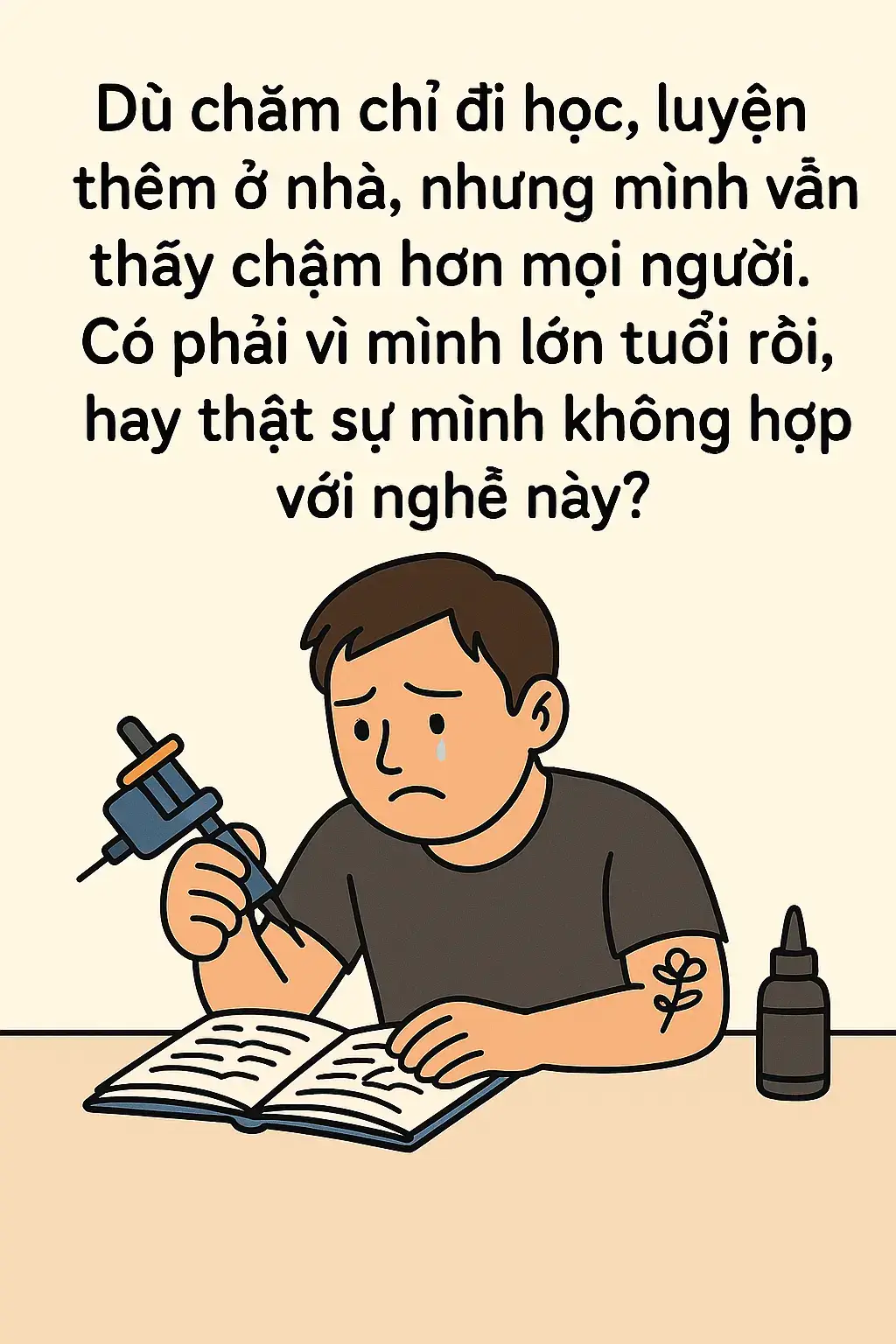 Mình đã cố gắng nhiều, nhưng kết quả lại chẳng bằng ai. Không biết do tuổi tác, hay do mình không có chút thiên phú nào... #tattoo #tattooartist #hocnghe #hocxamhinh #dongluc 
