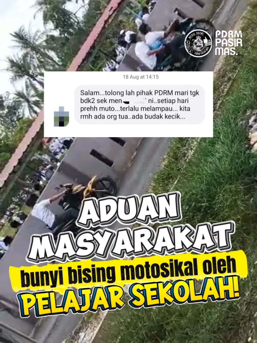 ⚠️ HIDUP JANGAN MENYUSAHKAN MASYARAKAT SEKELILING, GUNA KEMUDAHAN YANG IBU BAPA BAGI DENGAN BETUL. 24 Ogos 2025 (Ahad) - Bertindak atas aduan masyarakat melalui media sosial atas aktiviti membuat bising menggunakan motosikal selepas tamat sesi persekolahan, petugas Bahagian Siasatan dan Penguatkuasaan Trafik Daerah (BSPTD) dengan kerjasama JSPT IPK Kelantan dan Balai Polis Meranti hari ini telah mengambil tindakan dengan melaksanakan Op Motosikal di kawasan Meranti. Hasilnya sebanyak 78 buah motosikal diperiksa dan sebanyak 61 keping saman atas pelbagai kesalahan trafik dikeluarkan. Operasi yang dijalankan selama 3 jam bermula jam 1.00 petang melibatkan kekuatan seramai 1 pegawai kanan dan 14 anggota itu mensasarkan kepada pelajar sekolah yang masih degil terus menerus melakukan kesalahan trafik walaupun pihak polis acap kali melaksanakan operasi di kawasan Meranti. Kepada ibu bapa, tolong pantau anak masing-masing yang masih bersekolah. Jangan bagi motosikal sekiranya tidak ada lesen memandu, jangan bagi anak-anak mengubahsuai motosikal sehingga membuat bising dan mengganggu ketenteraman masyarakat setempat. #ibupejabatpolisdaerahpasirmas  #mediarasmipdrmpasirmas  #polisdanmasyarakatberpisahtiada  #opmotosikal  #pelajarsekolah 