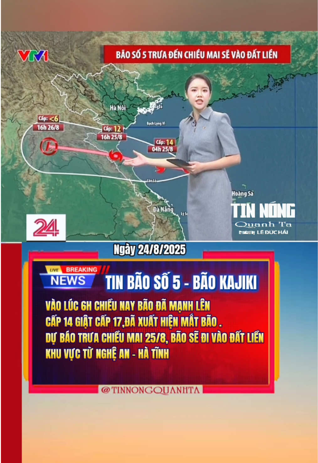 Cập nhật tình hình diễn biến cơn bão số 5 . Theo Trung tâm Dự báo khí tượng thủy văn quốc gia, bão số 5 đang ở giai đoạn mạnh nhất vào lúc 6 giờ chiều nay 24/8, bão đã mạnh lên cấp 14 giật cấp 17.  Đã có xuất hiện mắt bão . Dự báo khoảng trưa chiều mai 25/8, bão sẽ đi vào đất liền khu vực từ Nghệ An đến Hà Tĩnh . #tinnong #baoso5 #vtv24 #muabao #dubaothoitiet 