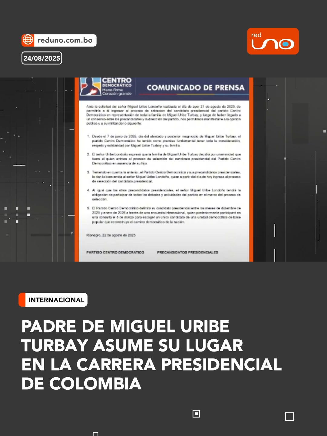 #Internacional I 🇨🇴 En Colombia, Miguel Uribe Londoño, padre del asesinado senador Miguel Uribe Turbay, asumirá su lugar como precandidato presidencial del partido Centro Democrático rumbo a las elecciones de mayo de 2026. ▶️ Más información en www.reduno.com.bo #RedUno #RedUnoDigital #Notivisión #Bolivia