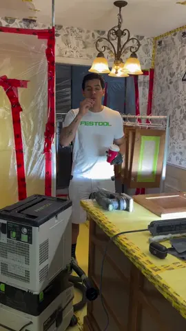 Day 2 of 5. Kitchen cabinet painting project @Festool Canada #cordlesspowertools #FestoolDustExtraction #FestoolSanders #kitchen #kitchencabinets     