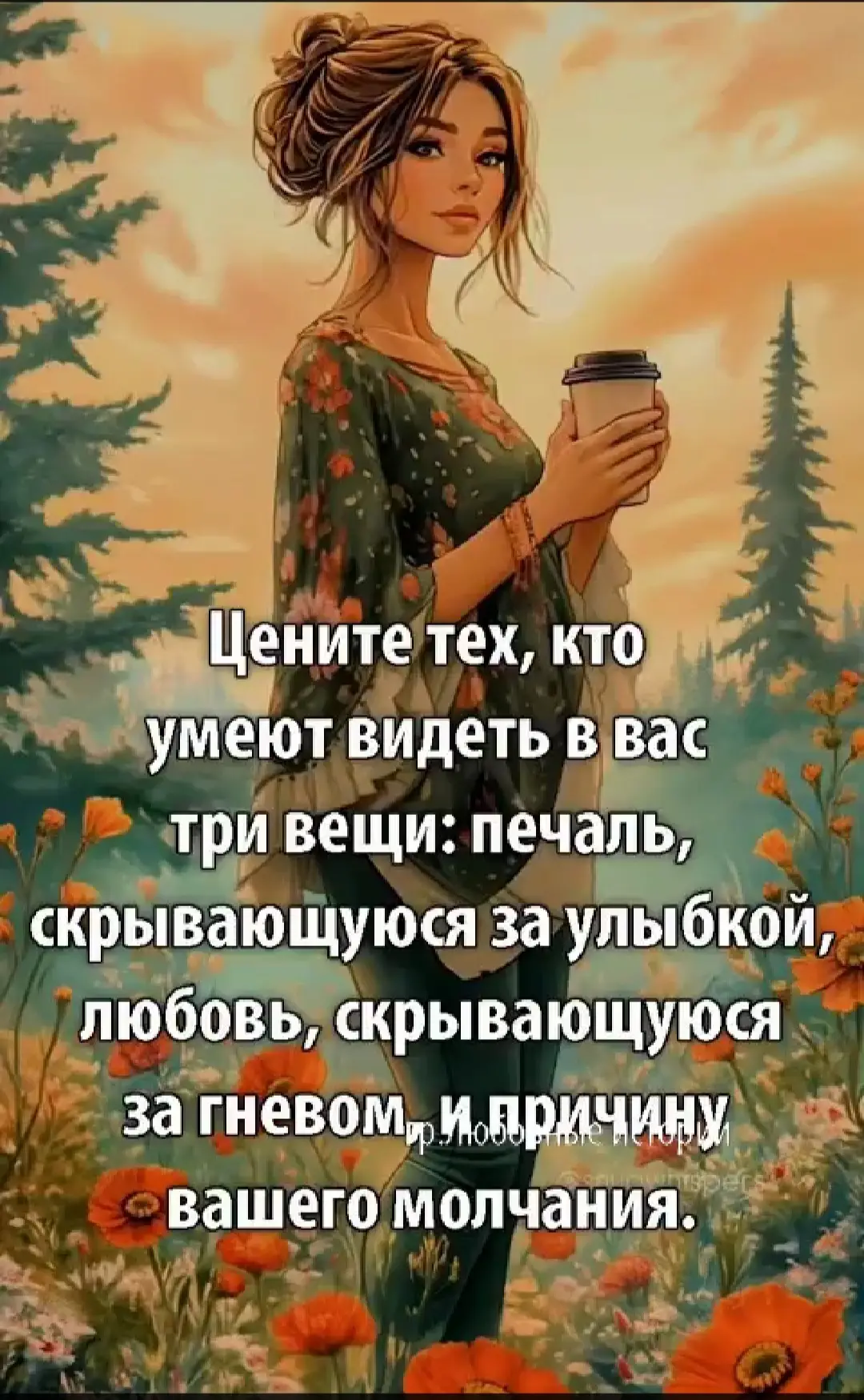 Есть люди, которые видят  нас насквозь. Даже если мы улыбаемся, они чувствуют печаль. Даже если злимся, понимают, что там скрыта любовь. Даже если молчим знают, почему.  Цените таких людей - это настоящее сокровище. 