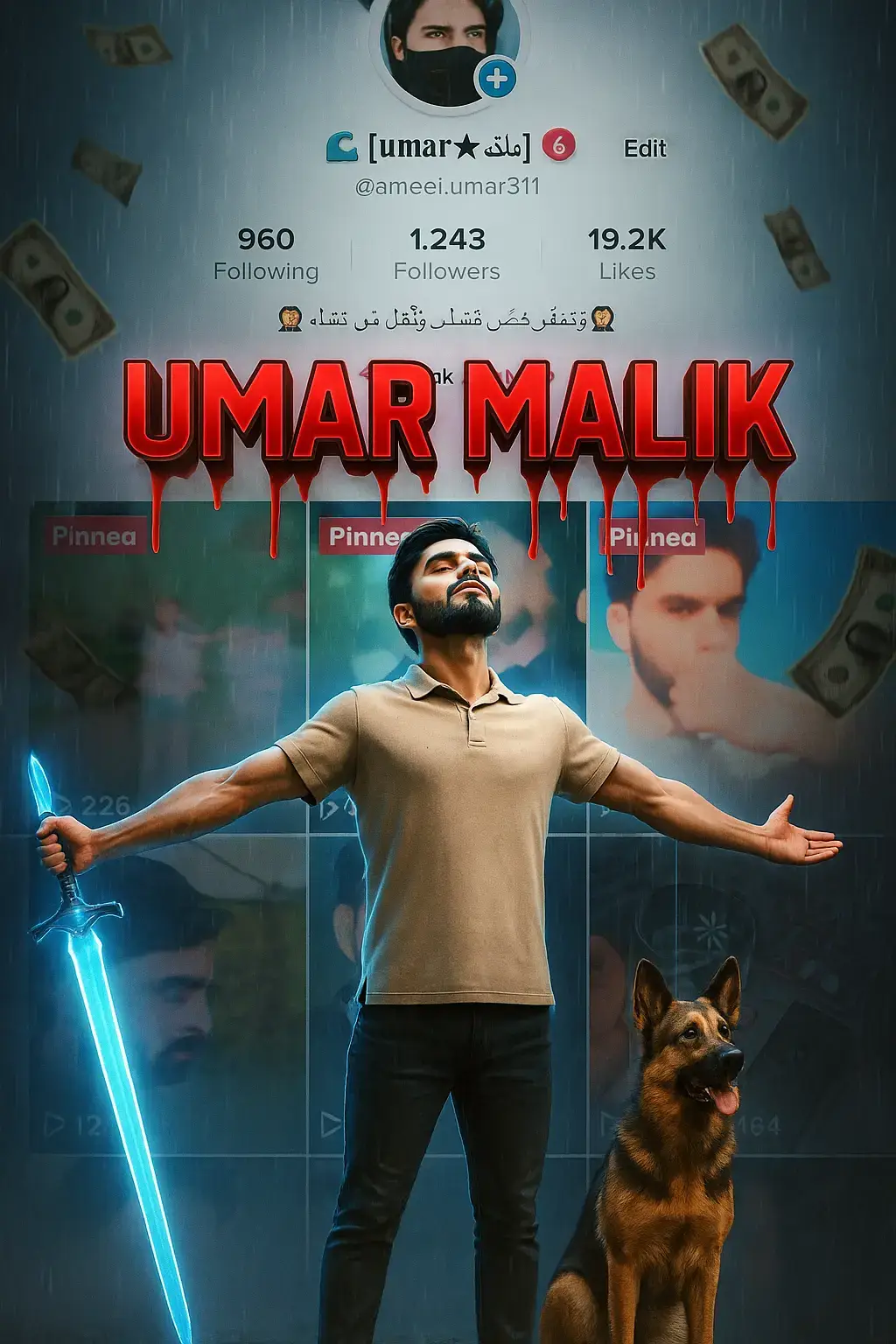 @𝙎𝙅𝙇 𝙊𝙁𝙁𝙄𝘾𝙄𝘼𝙇:Create a cinematic digital poster for a TikTok account.In the background, clearly display the uploaded profile screenshot without binding or blurring any part. 414 The image should remain sharp and readable, showing every detail that naturally appears in the profile (such as stats, icons, texture, badges, numbers, tags, buttons) and must be fully visible and understand to the viewer. In the foreground, place the upload character image standing in a proud, victoriespose--with both arms stretched outward (T-pose) The character's head should be titled slightly upward, facing the sky with a heroic and thankful experience. Include a glowing blue sword by his side and his pet standing nearby. Add dramatic rain, flying money, cinematic glow and soft shadows to enhance the character and profile are clearly visible and not overlappingconfusingly. In the centres of the poster overlay bold, glowing, 3D TikTok tyle text: