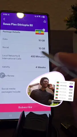 To use stc Sawa Flex for calling Ethiopia, subscribe to a package that includes International Minutes to Ethiopia. For example, the Sawa Flex Ethiopia 80