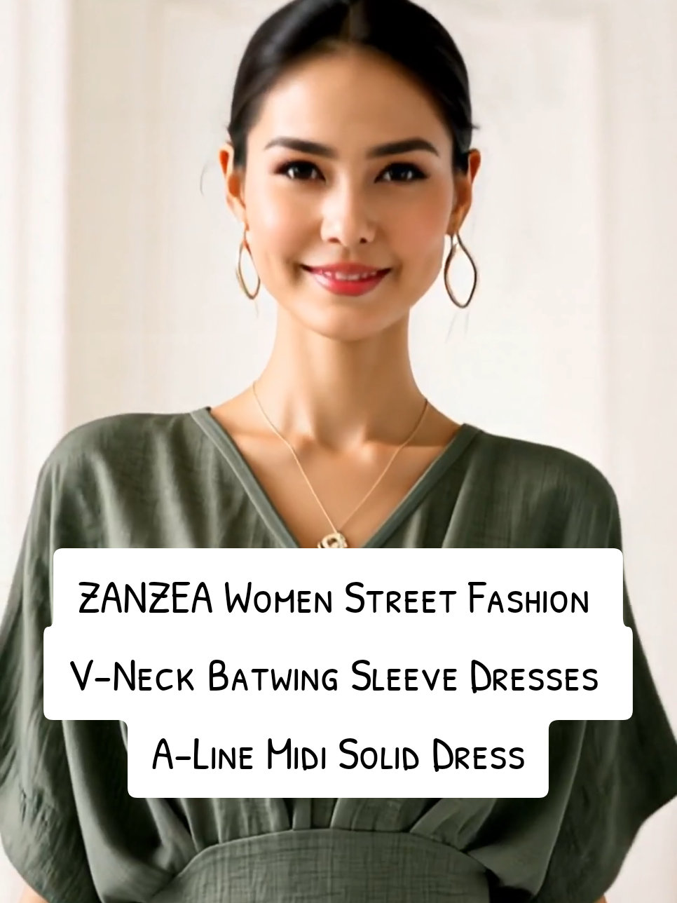 ZANZEA Women Street Fashion V-Neck Batwing Sleeve Dresses A-Line Midi Solid Dress #womensfashion #StreetStyle #midiskirt #dressstyle #fyp 